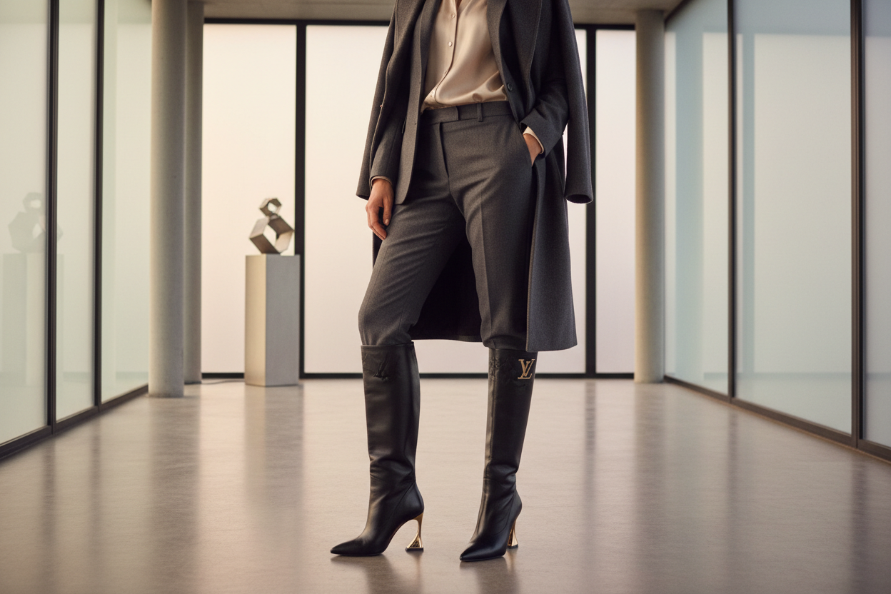 Professional woman showcasing luxury brand pumps or boots